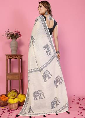 White soft linen cotton printed saree 2