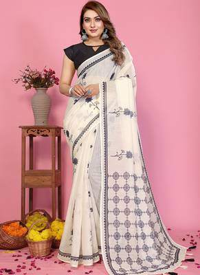 White soft linen cotton printed saree 1
