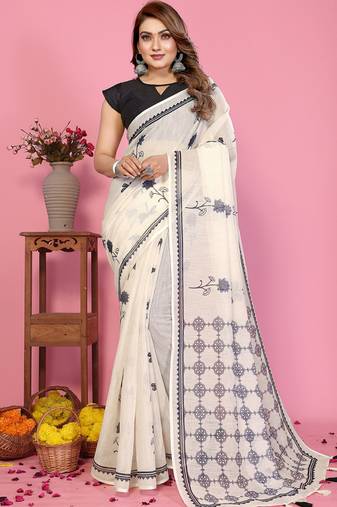 White soft linen cotton printed saree