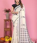 White soft linen cotton printed saree