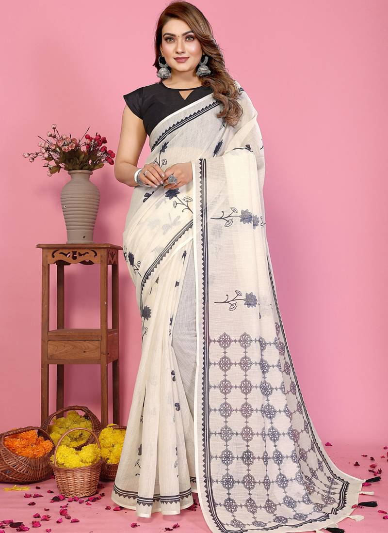 White soft linen cotton printed saree