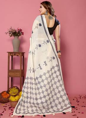 White soft linen cotton printed saree 2