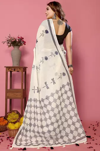 White soft linen cotton printed saree