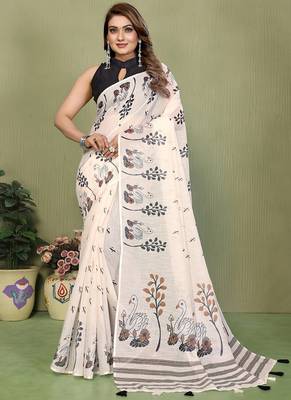 White soft linen cotton printed saree 1