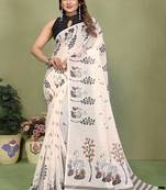 White soft linen cotton printed saree