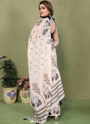 White soft linen cotton printed saree 2
