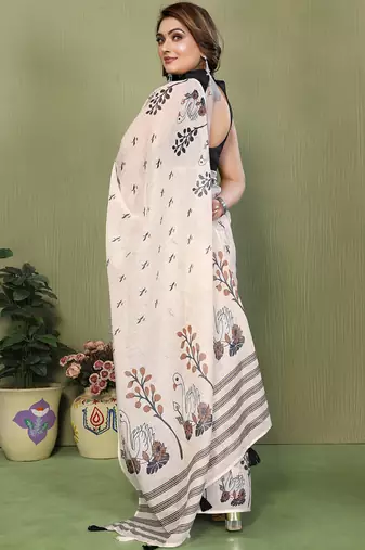 White soft linen cotton printed saree