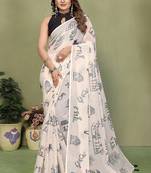 White soft linen cotton printed saree
