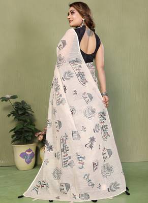 White soft linen cotton printed saree 2