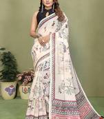 White soft linen cotton printed saree