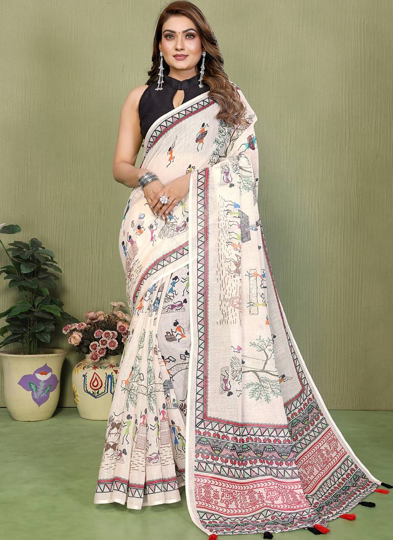 White soft linen cotton printed saree