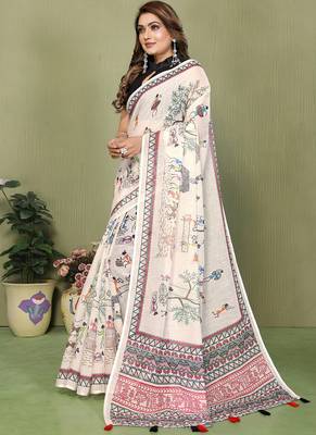 White soft linen cotton printed saree 2