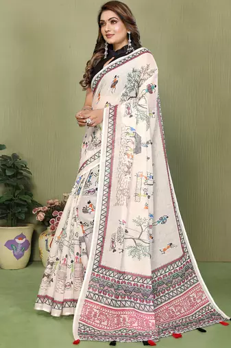 White soft linen cotton printed saree