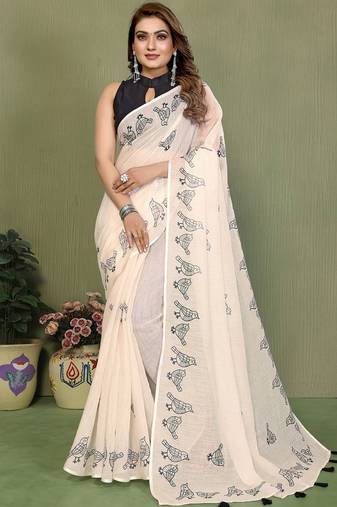White soft linen cotton printed saree