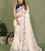 White soft linen cotton printed saree
