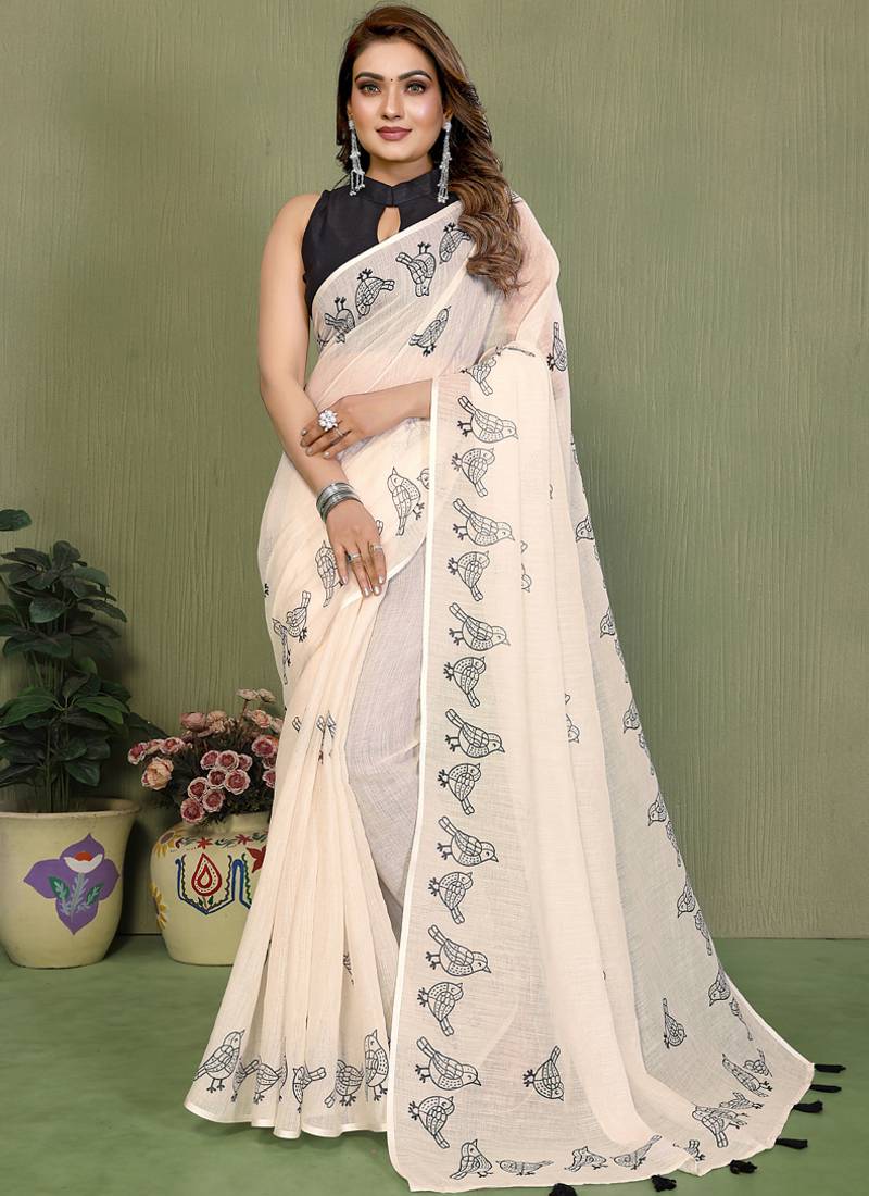White soft linen cotton printed saree