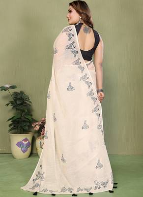 White soft linen cotton printed saree 2