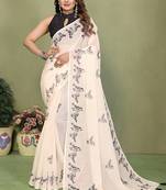 White soft linen cotton printed saree