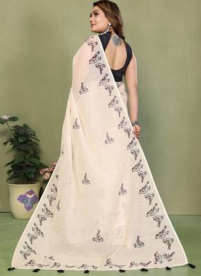 White soft linen cotton printed saree 2