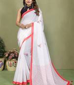 White soft linen cotton printed saree