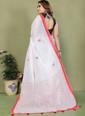 White soft linen cotton printed saree 2