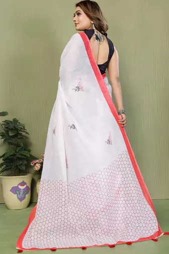 White soft linen cotton printed saree