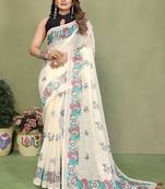 White soft linen cotton printed saree