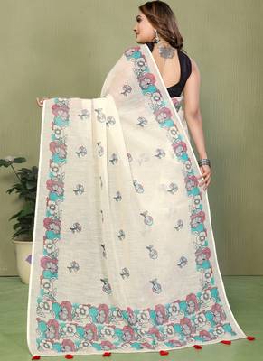 White soft linen cotton printed saree 2