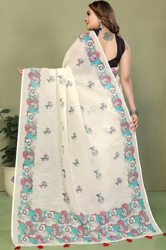 White soft linen cotton printed saree