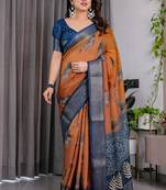 Brown pure handloom linen digital floral printed saree