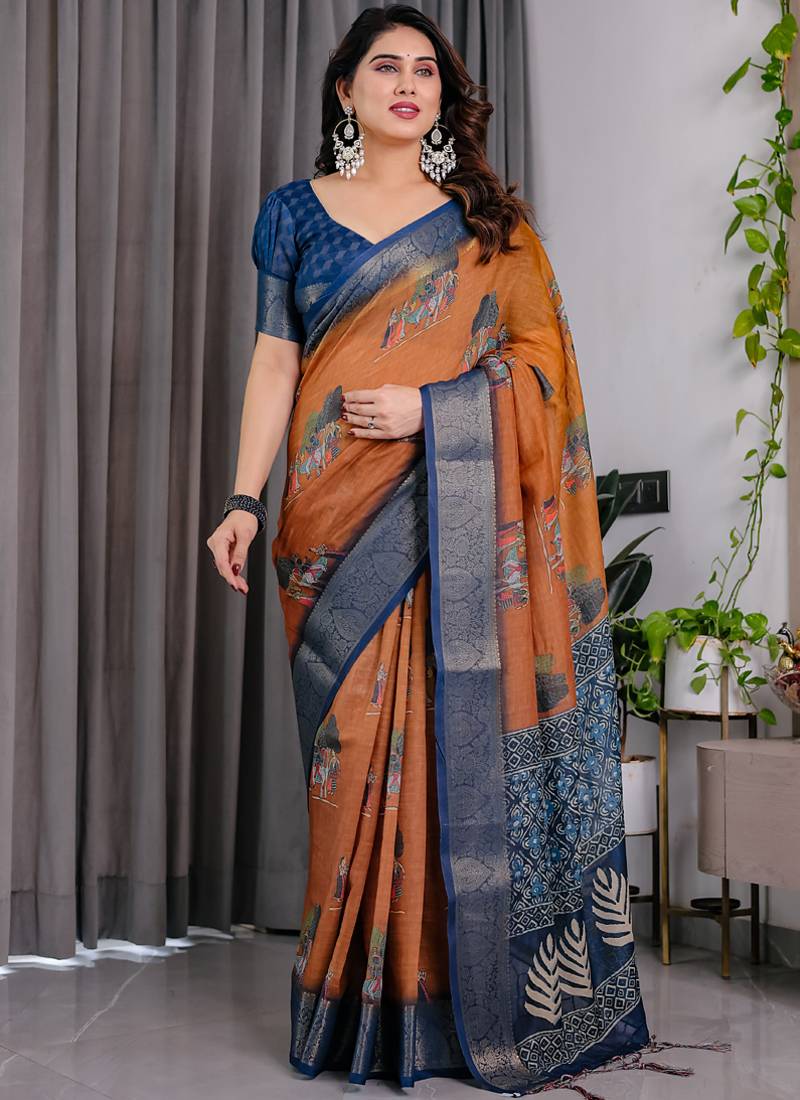 Brown pure handloom linen digital floral printed saree