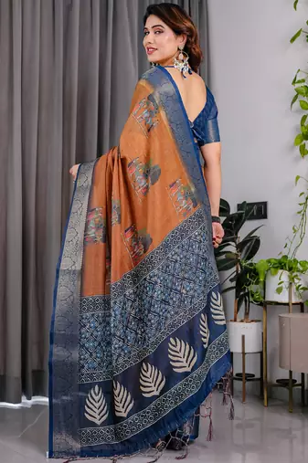 Brown handloom linen digital floral printed saree