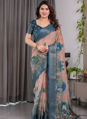 Dusty peach pure handloom linen digital floral printed saree 1
