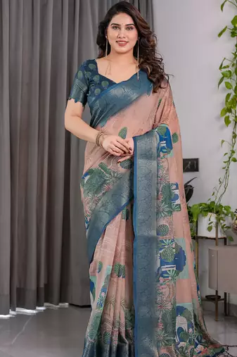 Dusty peach pure handloom linen digital floral printed saree