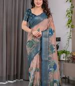 Dusty peach pure handloom linen digital floral printed saree