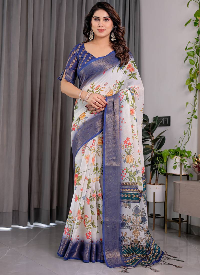 White pure handloom linen digital floral printed saree