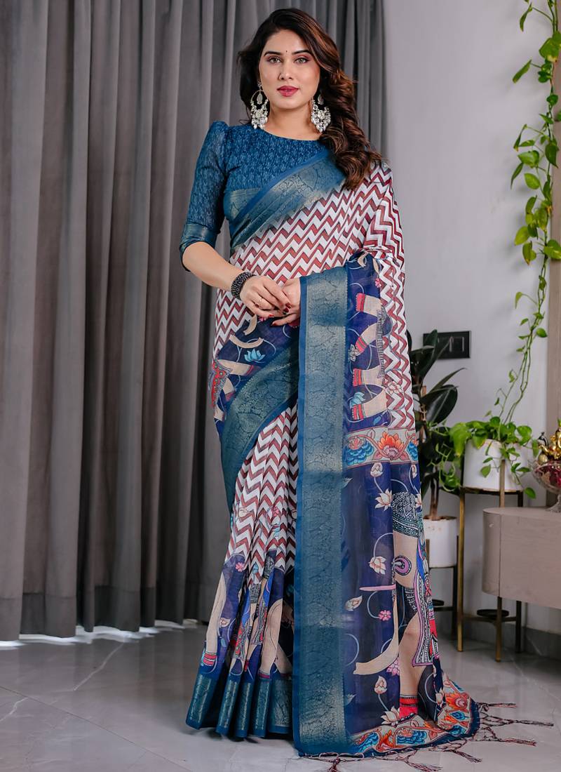 Navy blue pure handloom linen digital floral printed saree