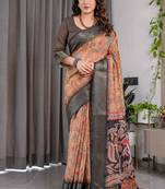 Brown pure handloom linen digital floral printed saree