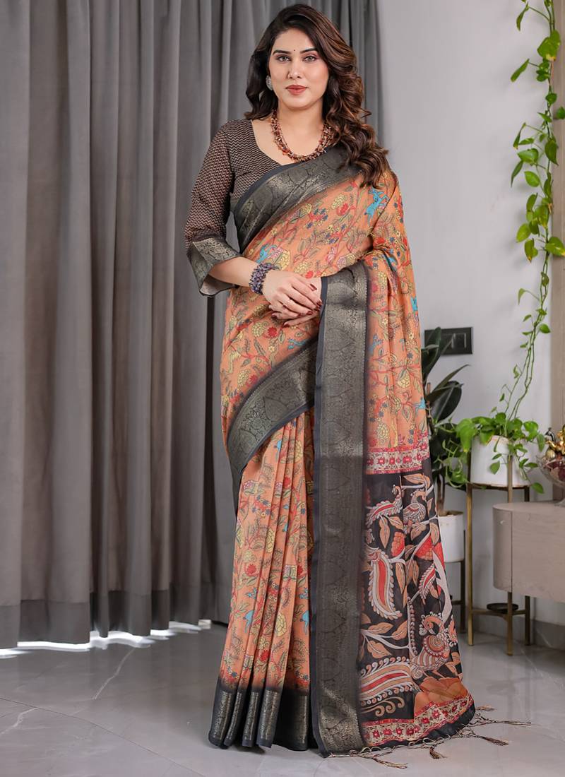 Brown pure handloom linen digital floral printed saree