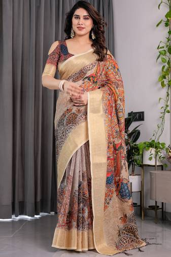 Cream pure handloom linen digital floral printed saree