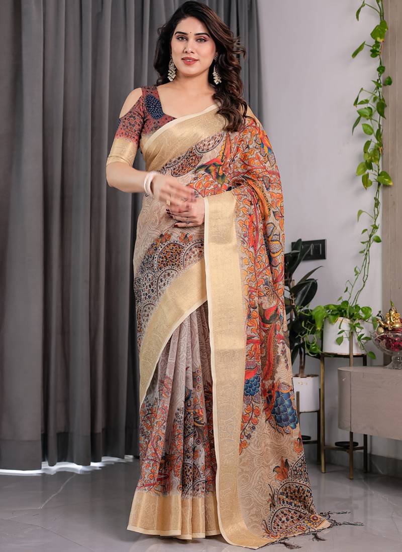 Cream pure handloom linen digital floral printed saree