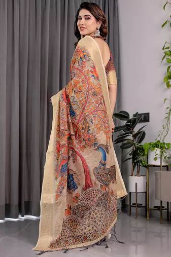 Cream pure handloom linen digital floral printed saree