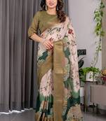 Cream pure handloom linen digital floral printed saree