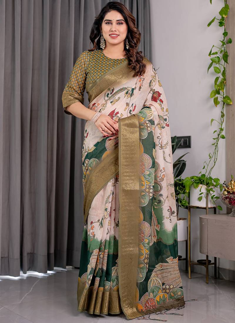 Cream pure handloom linen digital floral printed saree