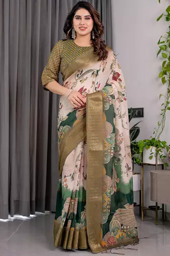 Cream pure handloom linen digital floral printed saree