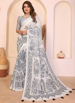 White soft linen cotton printed saree 1