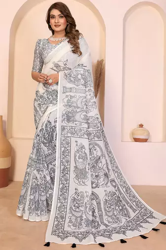 White soft linen cotton printed saree
