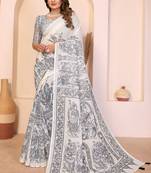 White soft linen cotton printed saree