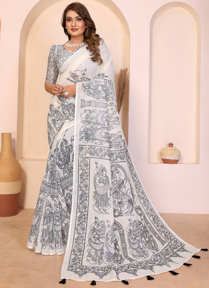 White soft linen cotton printed saree