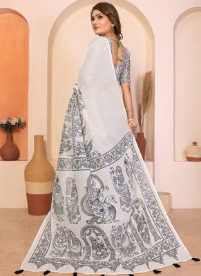 White soft linen cotton printed saree 2